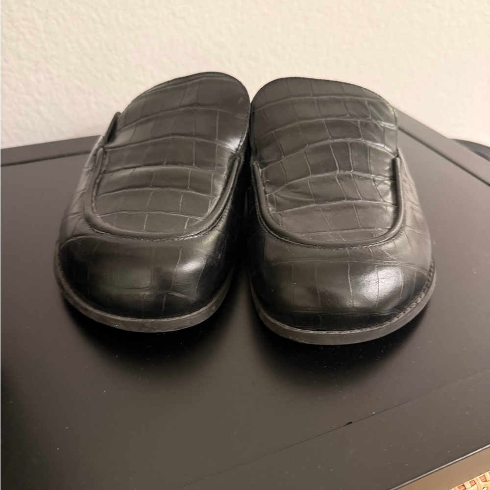Schutz Croc Embossed Black Leather Mules, Size 7B